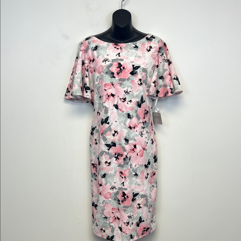 Kasper White Pink Grey Floral Feminine Short Sleeve Spring Summer Dress Size 8